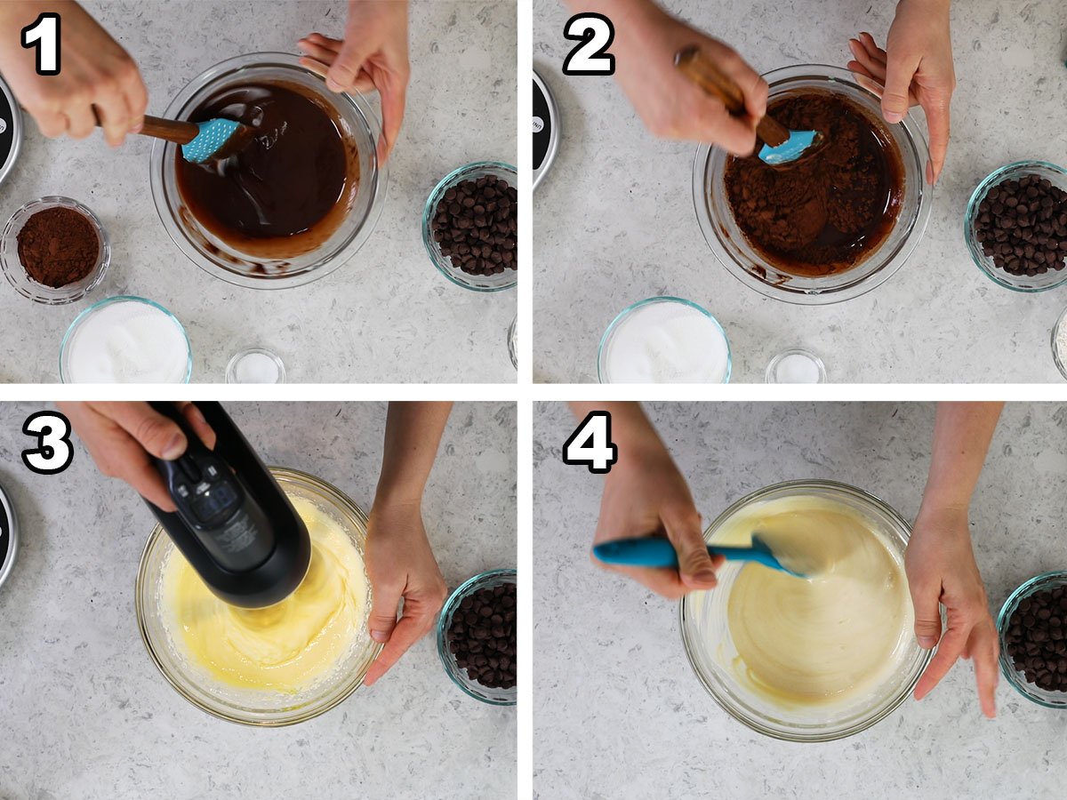 Collage of four photos showing chocolate being melted and eggs being whipped with sugar.