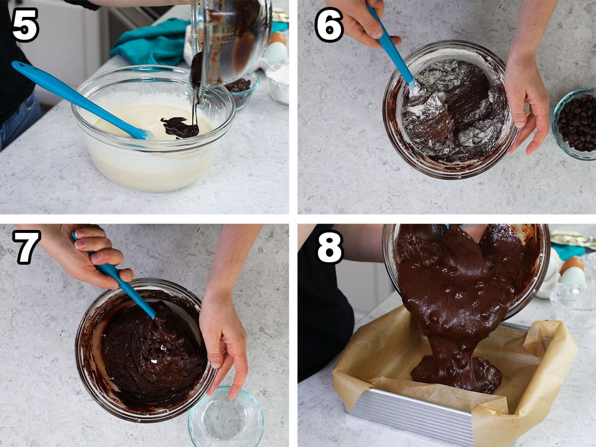 Collage of four photos showing melted chocolate being poured into batter and being combined before baking.