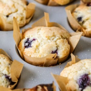 Sourdough blueberry muffins in parchment liners in a baking pan.