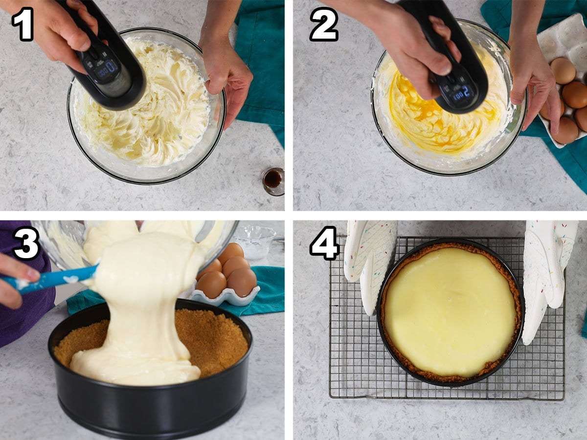 collage of 4 photos showing cheesecake batter being prepared and baked