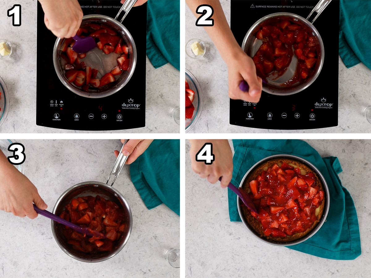 collage of 4 photos showing how to make the strawberry topping