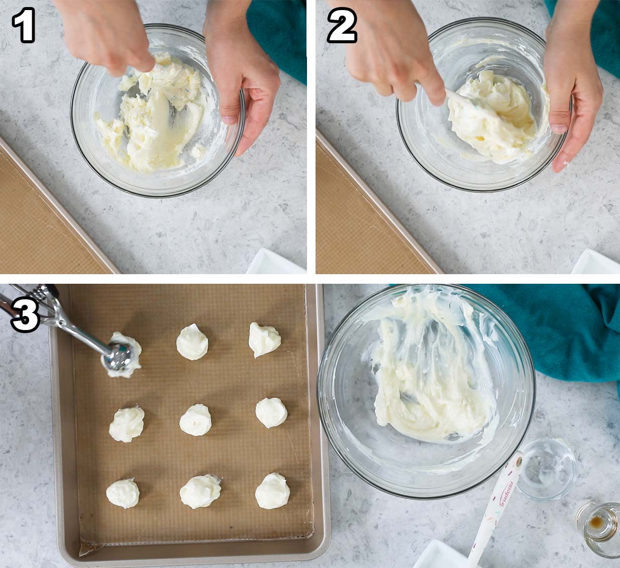 Collage of three photos showing a cream cheese filling being prepared and scooped onto a cookie sheet for freezing.