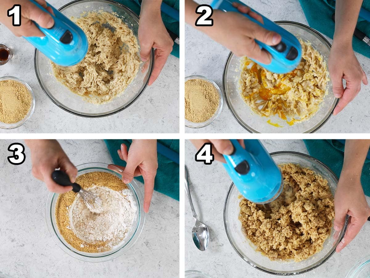 Collage of four photos showing a graham cracker infused cookie dough being prepared.