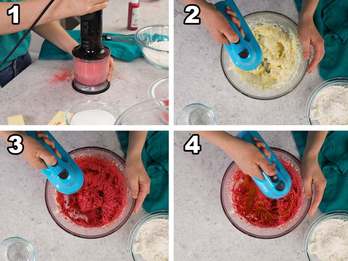 Collage of four photos showing freeze dried strawberries being pulverized and added to cookie dough.