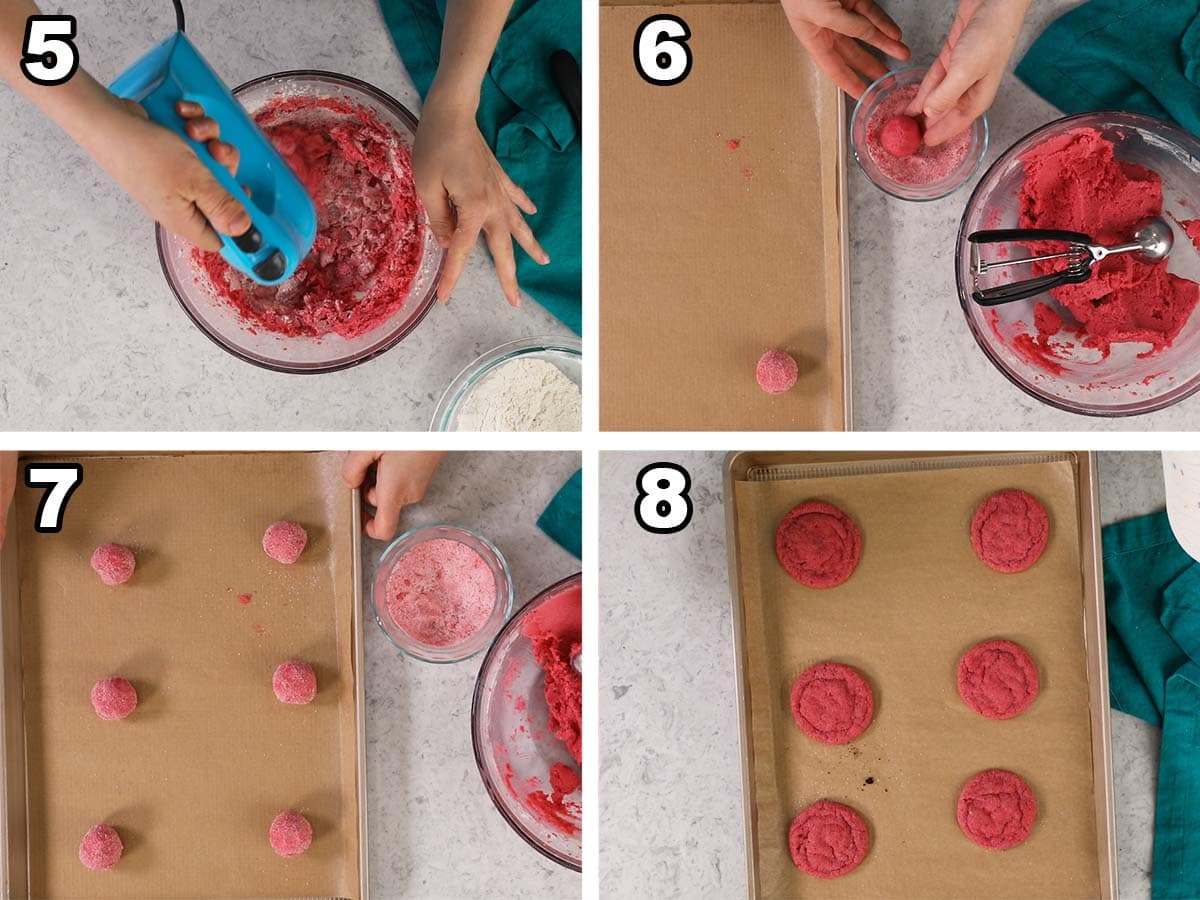 Collage of four photos showing pink cookie dough being scooped and rolled before baking.