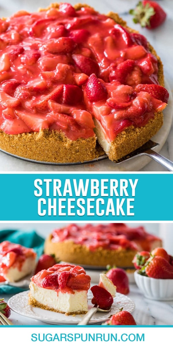 collage of strawberry cheesecake, top image of full cheesecake with slice being removed, bottom image of single slice on white plate with bite taken out.