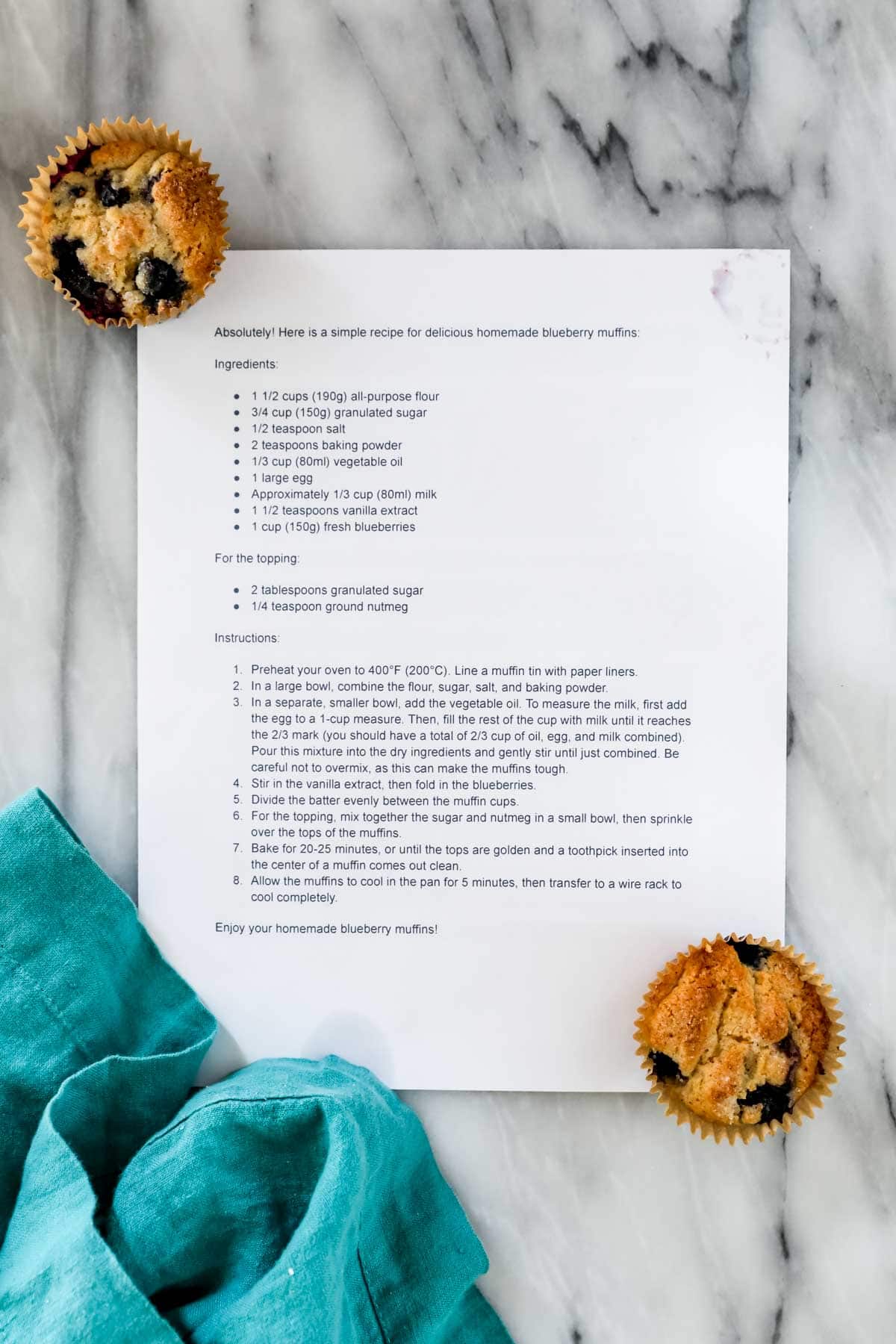 An overhead photo of the printed ChatGPT recipe with a shrunken blueberry muffin in the top left and bottom right corner. 