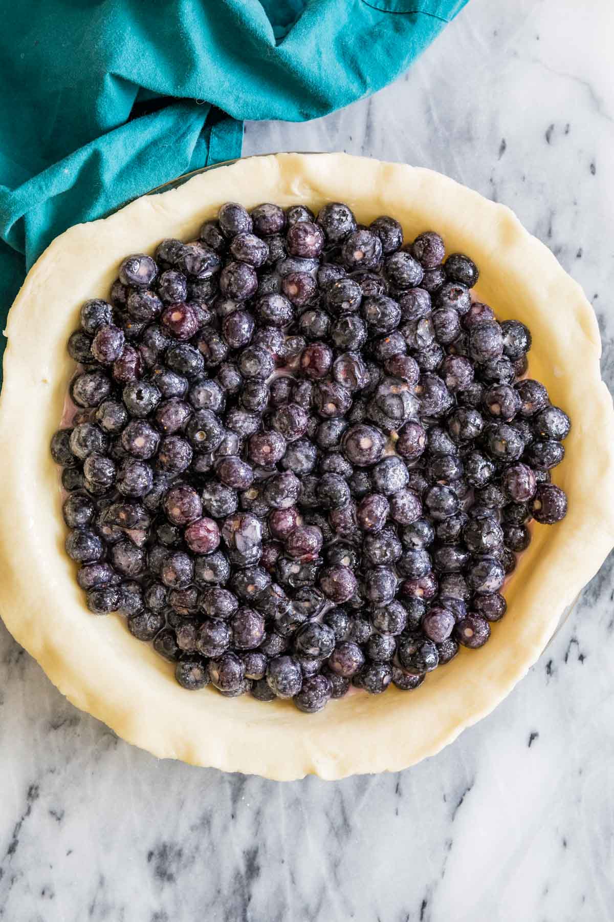Overhead view of fresh blueberries in an unbaked pie shell.