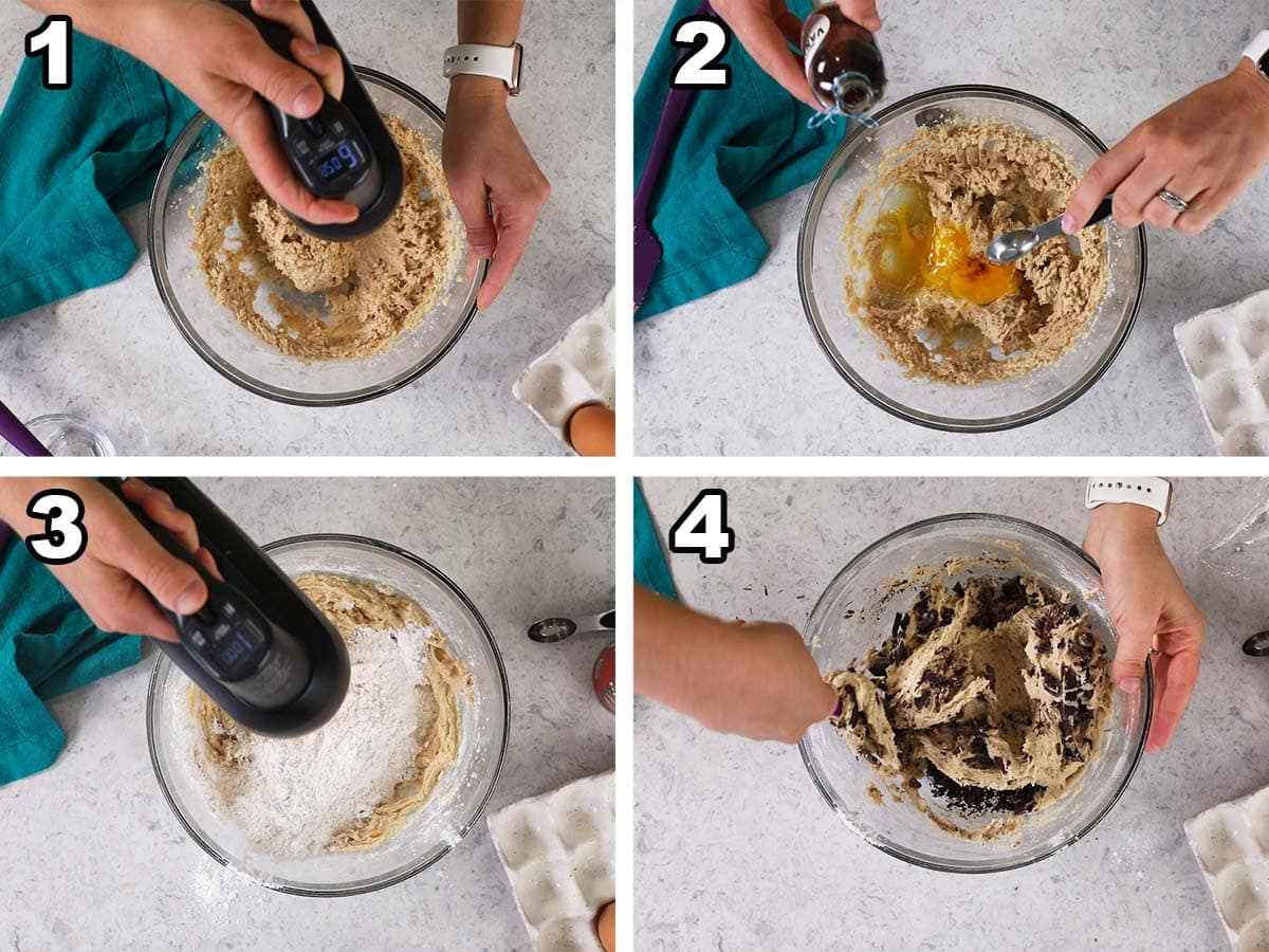 Four photos showing chocolate chip cookie dough being prepared.