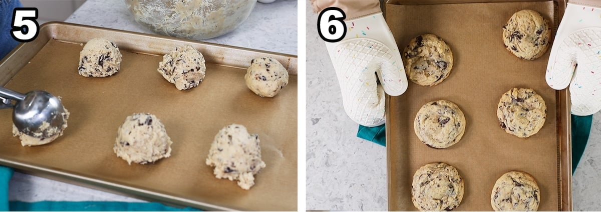 Four photos showing thick chocolate chip cookies before and after baking.