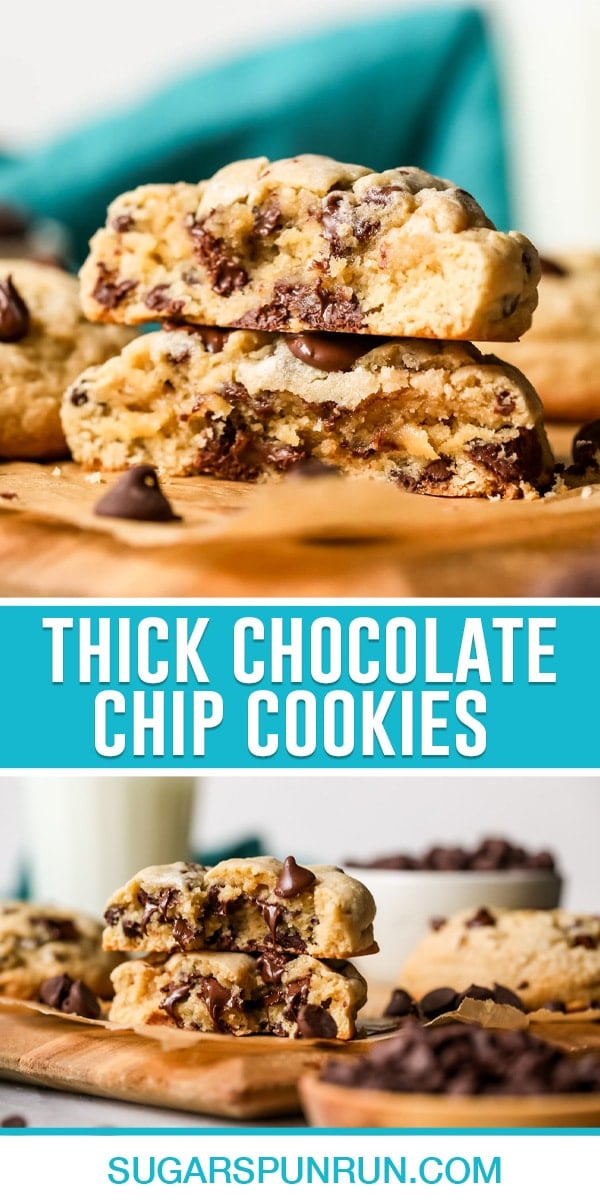 collage of big thick chocolate chip cookies, top image is close up of cookie split and stacked, bottom image taken further away