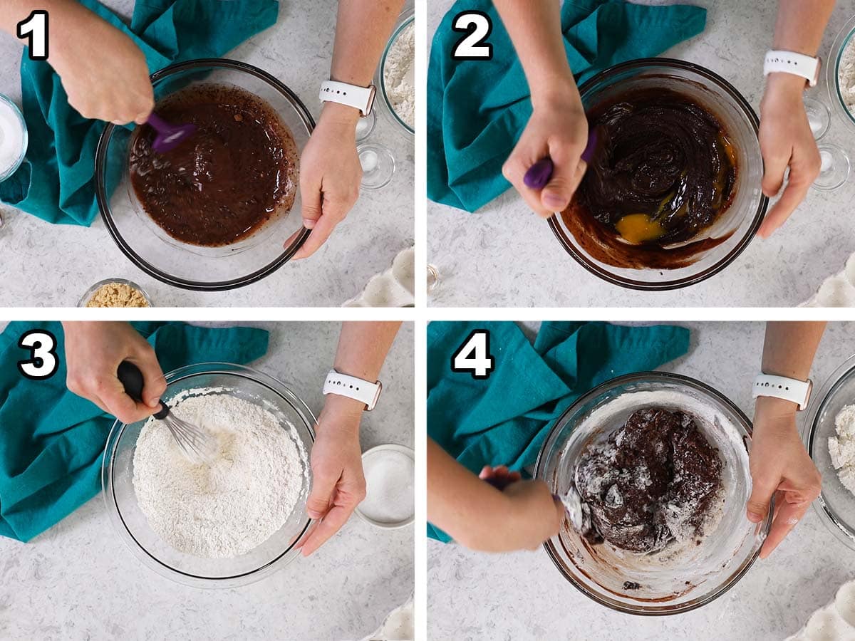 Collage of four photos showing chocolate cookie dough being prepared.