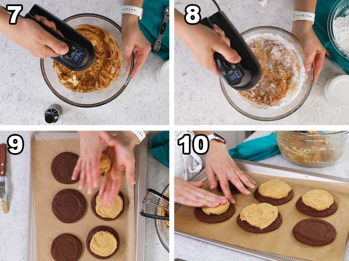 Four photos showing peanut butter filling being prepared and flattened over chocolate cookies.