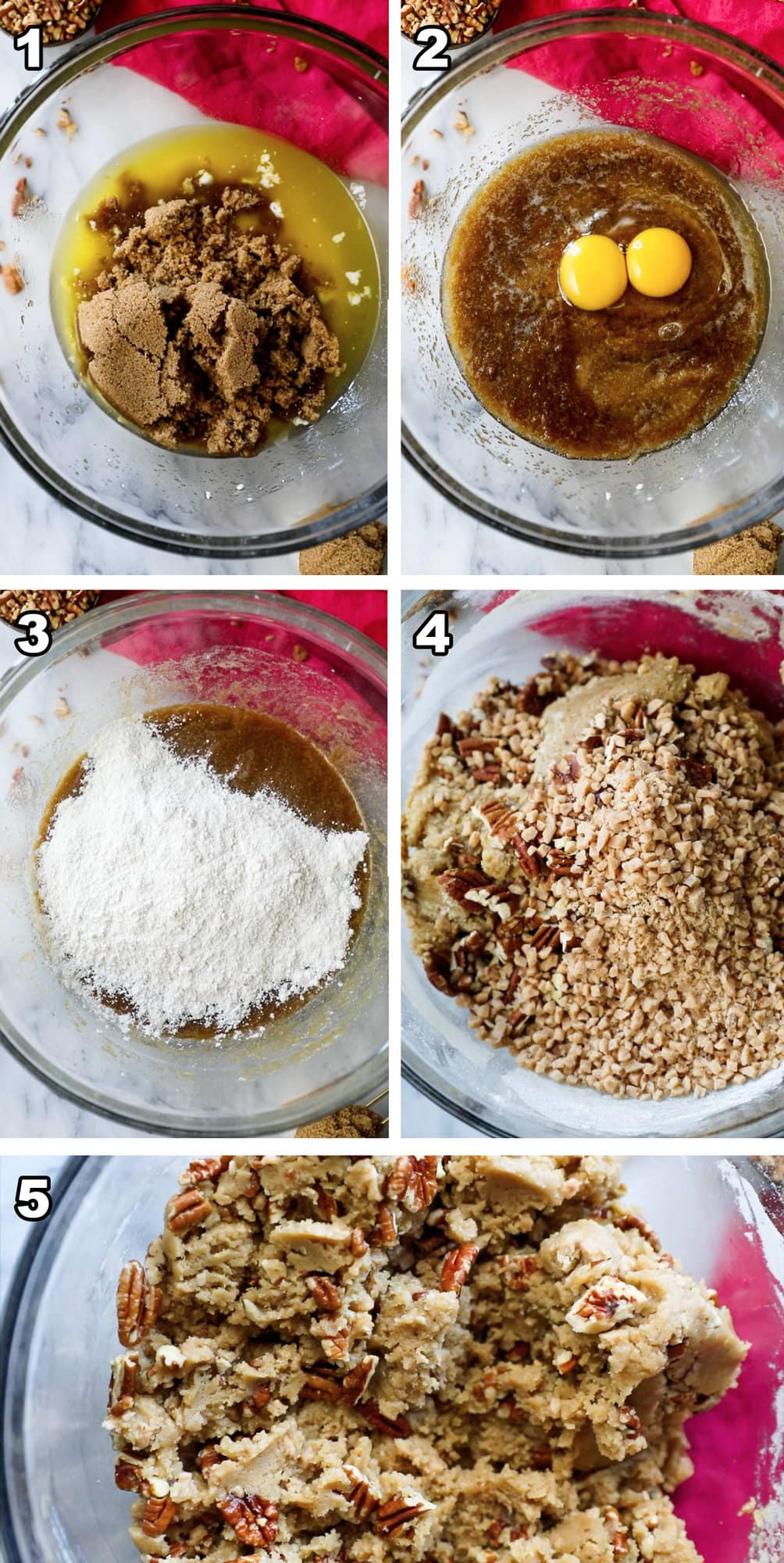 Five photos showing cookie dough being prepared with toasted pecans and toffee bits. 