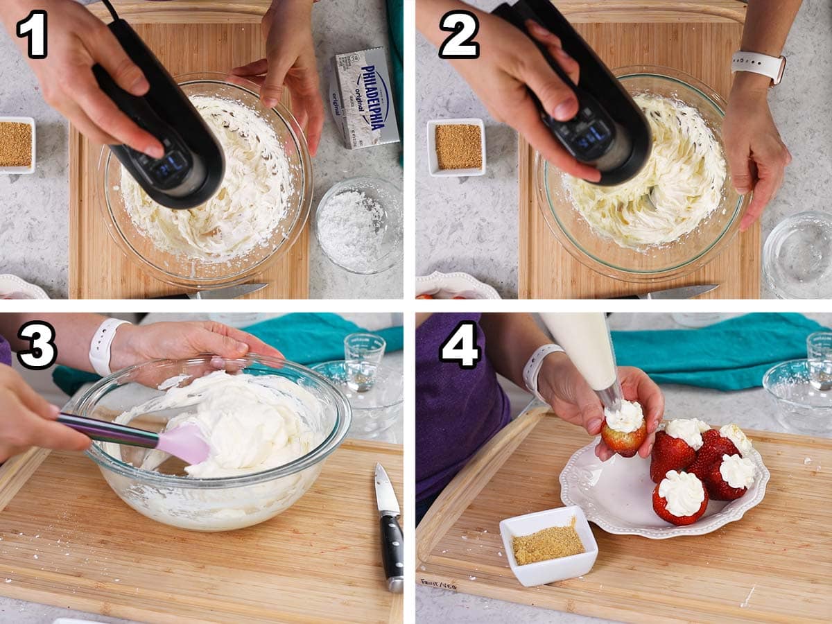the 4 steps to making the filling for cheesecake stuffed strawberries