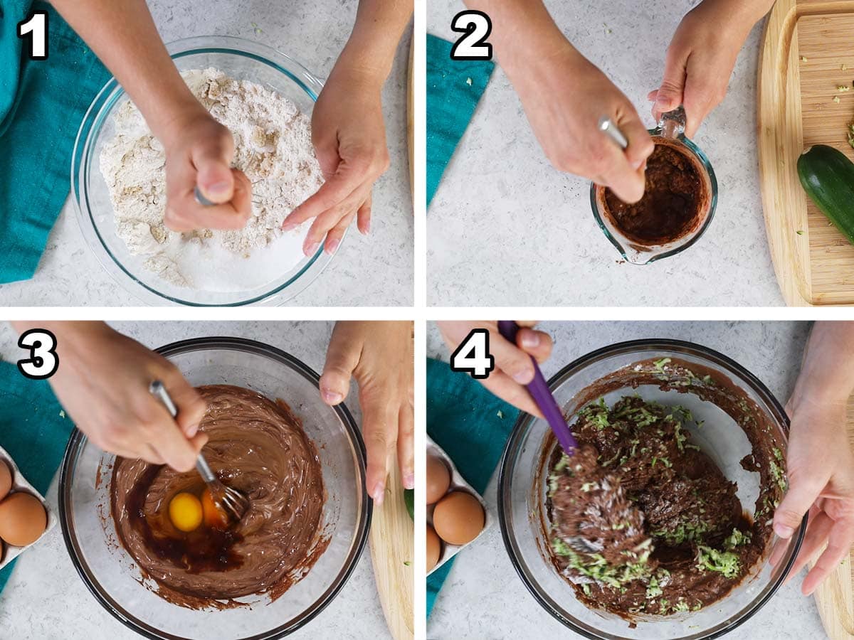 Four photos showing chocolate cake batter being prepared and combined with shredded zucchini.