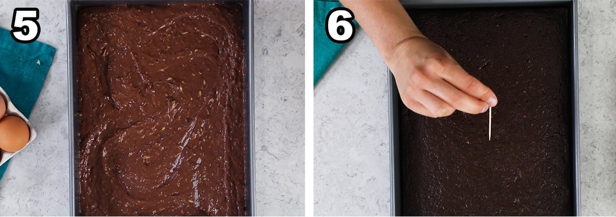 Two photos showing a chocolate cake in a pan before and after baking.