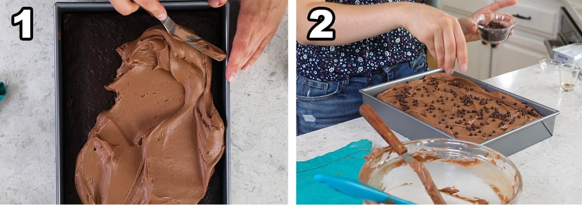 Two photos showing frosting being spread over a chocolate sheet cake before adding mini chocolate chips.