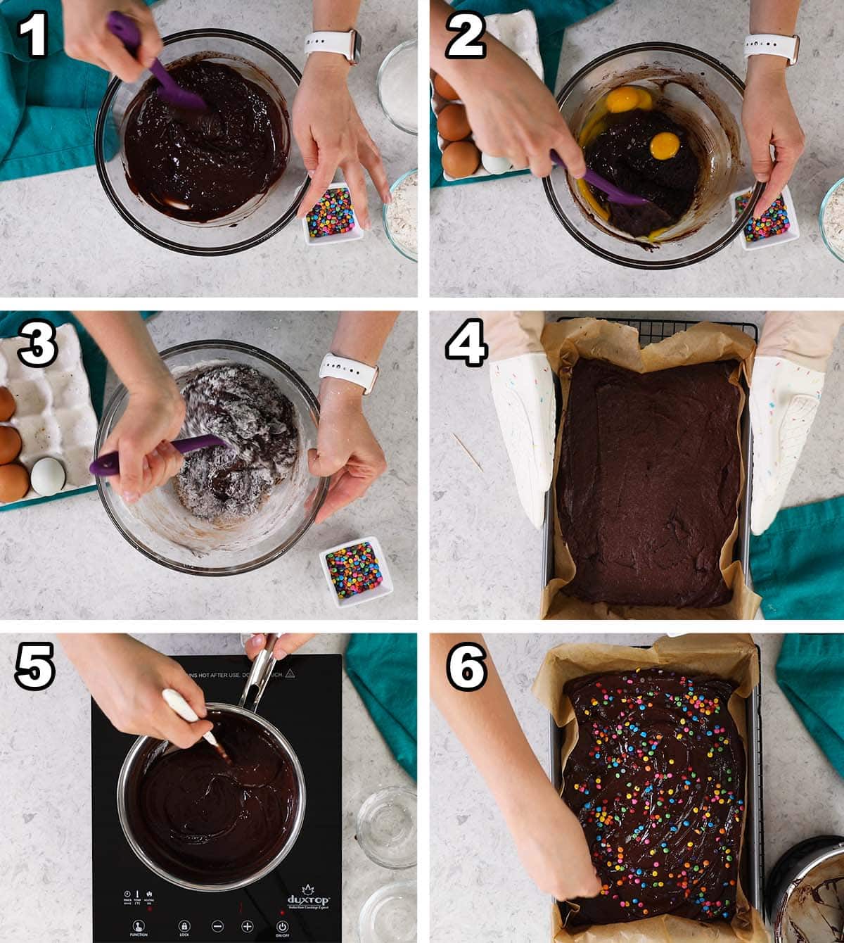 Collage, die die 6 Schritte zur Herstellung kosmischer Brownies zeigt