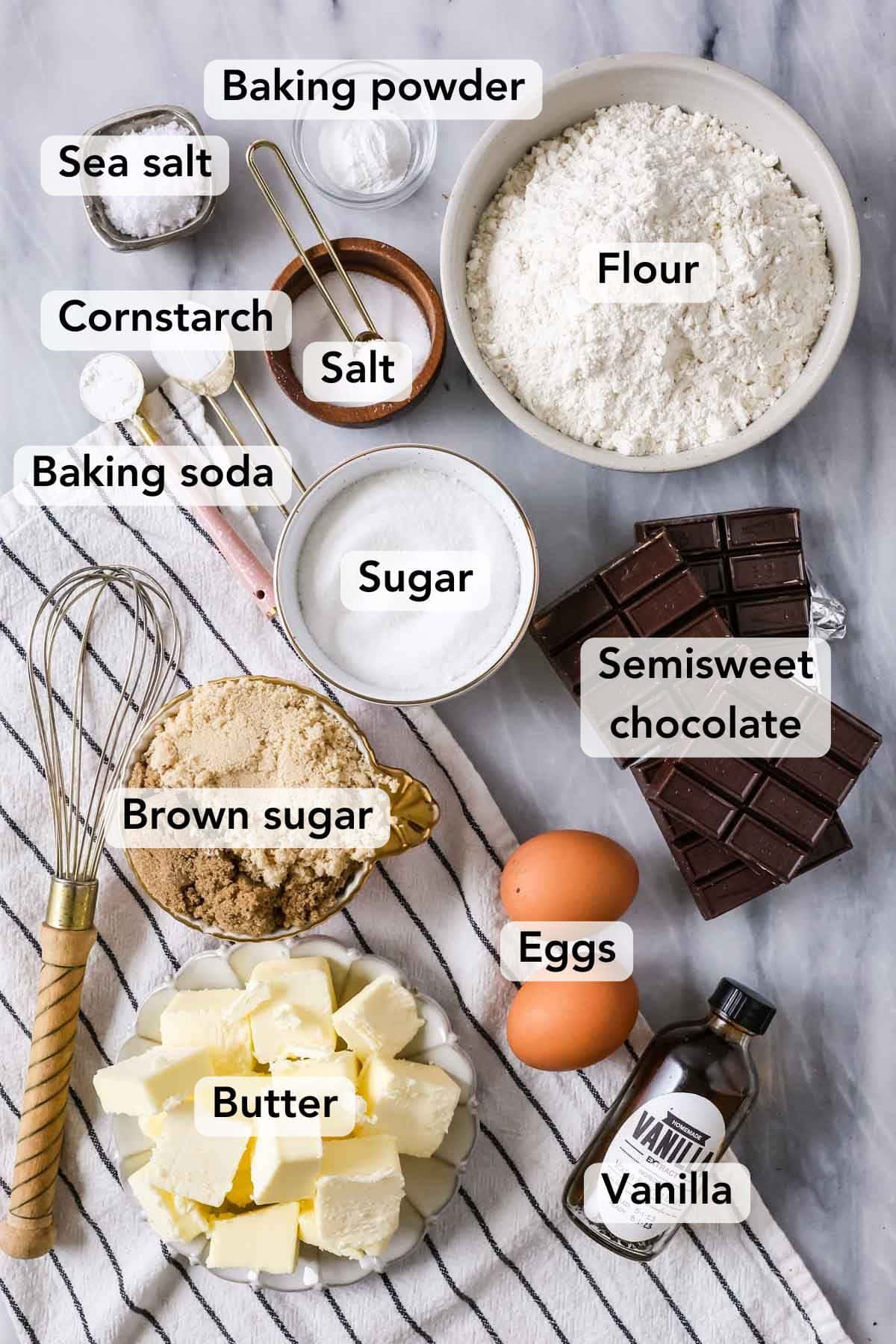 Overhead view of ingredients for browned butter chocolate chip cookies.