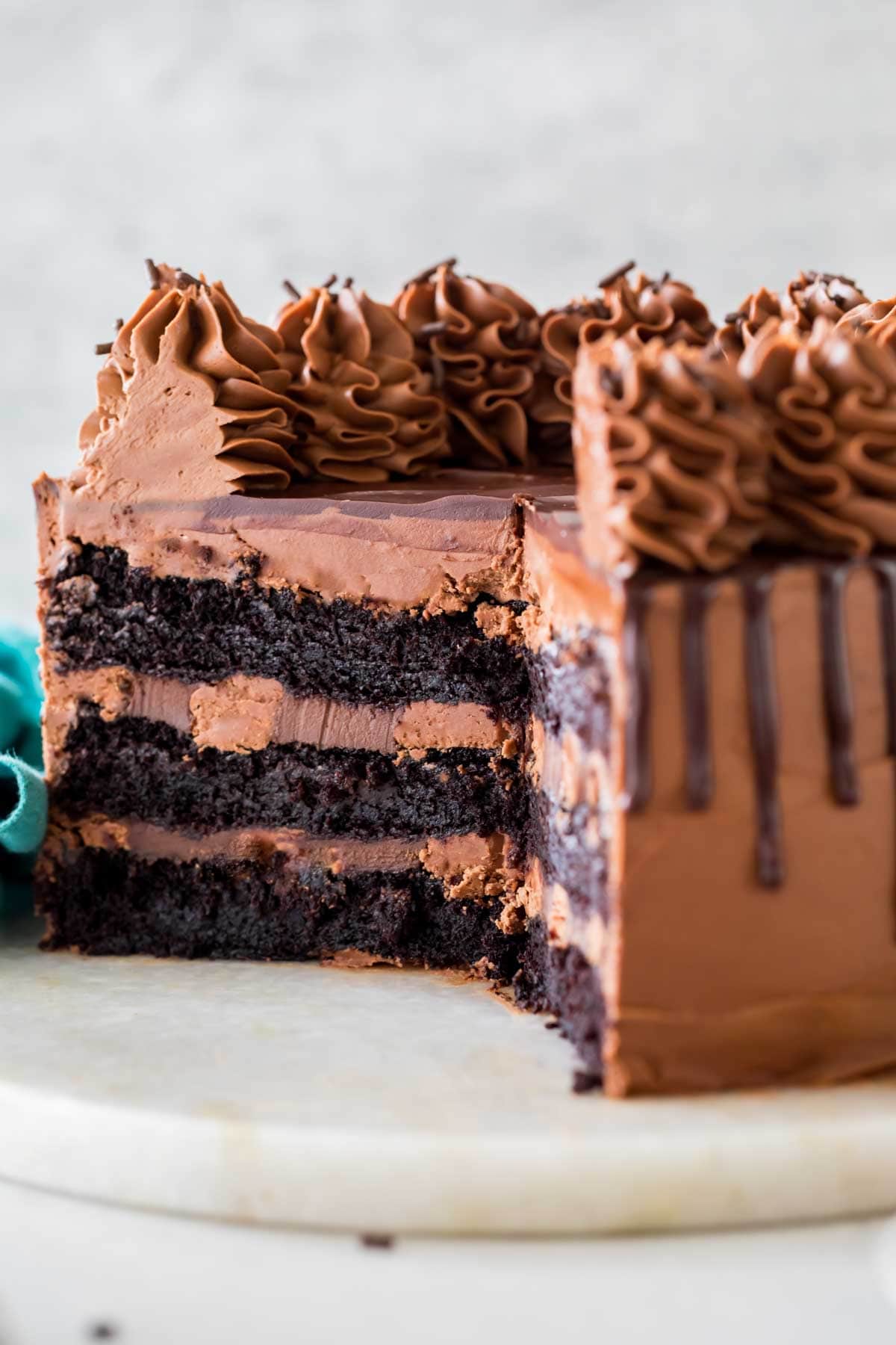 Cross section of a chocolate cake consisting of three layers of cake, chocolate ganache, and chocolate frosting.