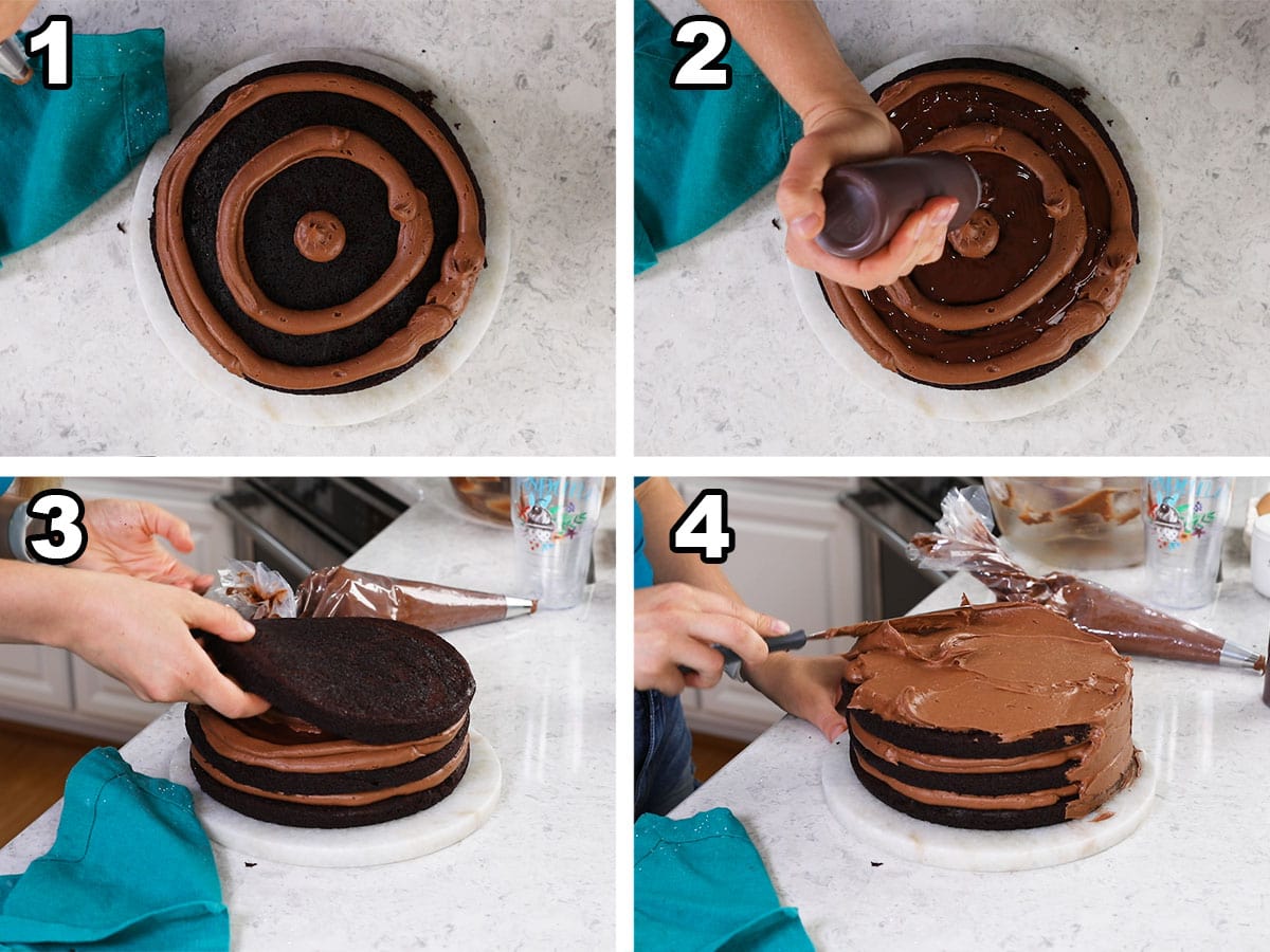 Collage of four photos showing chocolate frosting and ganache being swirled on top of cake layers before stacking and frosting.