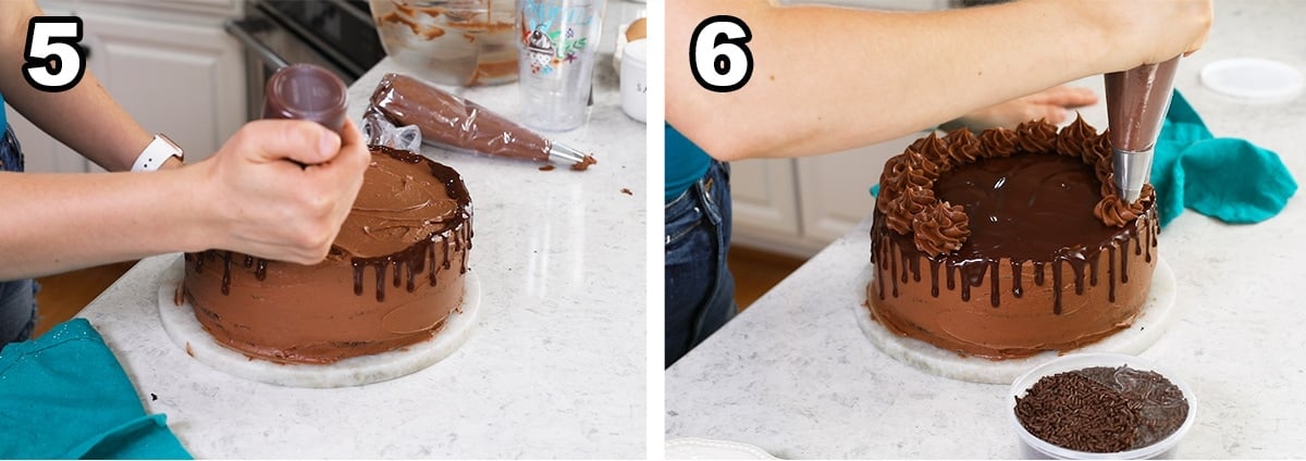 Two photos showing a ganache drip being added to a cake before adding chocolate icing swirls.