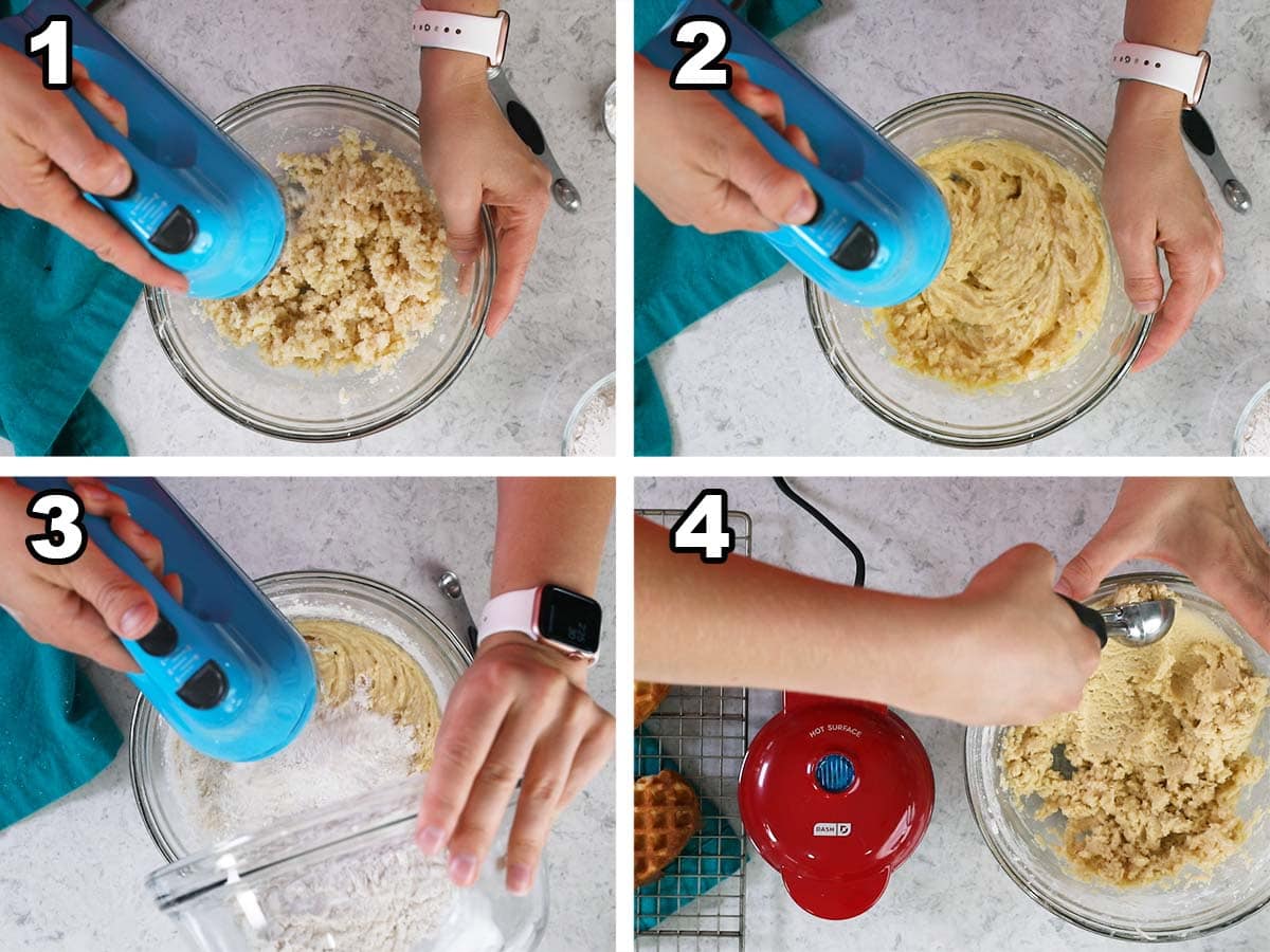 Four photos showing waffle cookie dough being prepared.