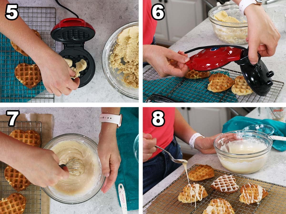Four photos showing cookie dough being placed in a waffle maker before being drizzled with a maple glaze.