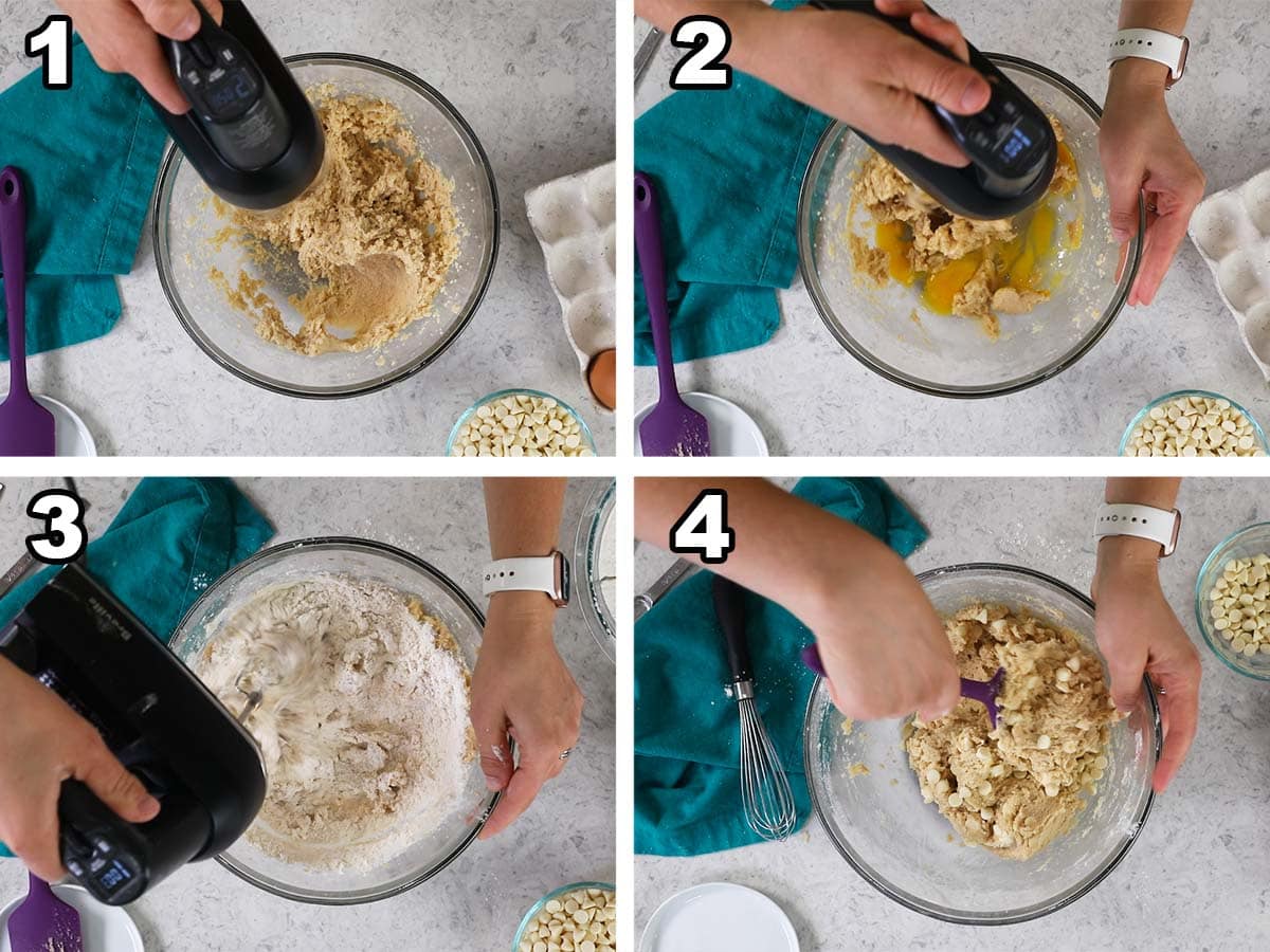 Four photos showing white chocolate chip cookie dough being prepared.