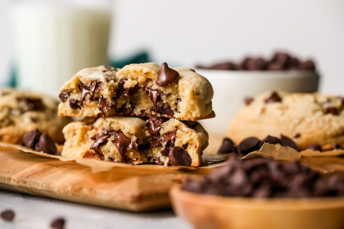 Chocolate chip cookie that's been broken in half and stacked.