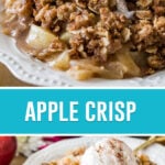 collage of apple crisp, top image is close up image of crisp with ice cream, bottom image is same photographed further away