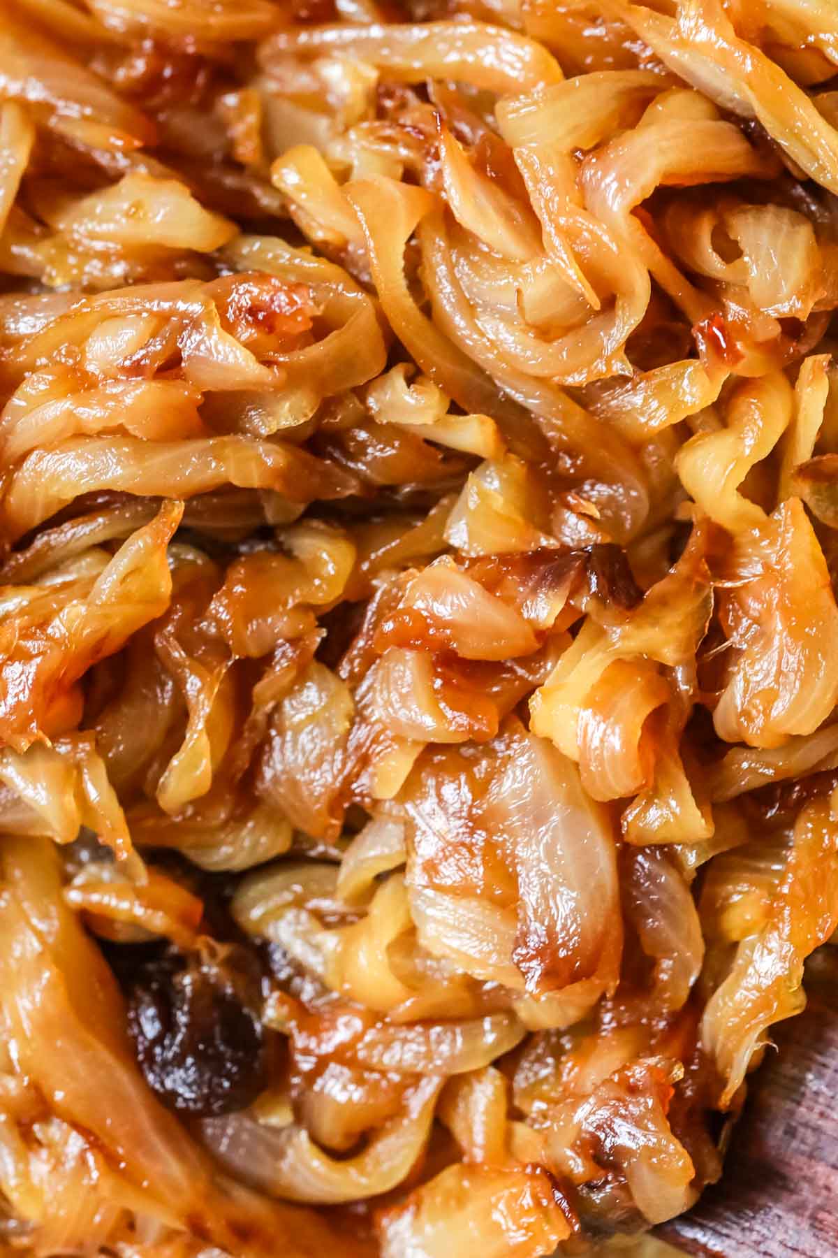 Close up of caramelized onions in a pan