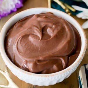 Homemade chocolate pudding in a white bowl