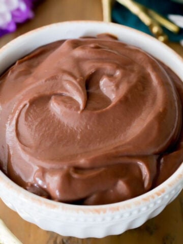 Homemade chocolate pudding in a white bowl