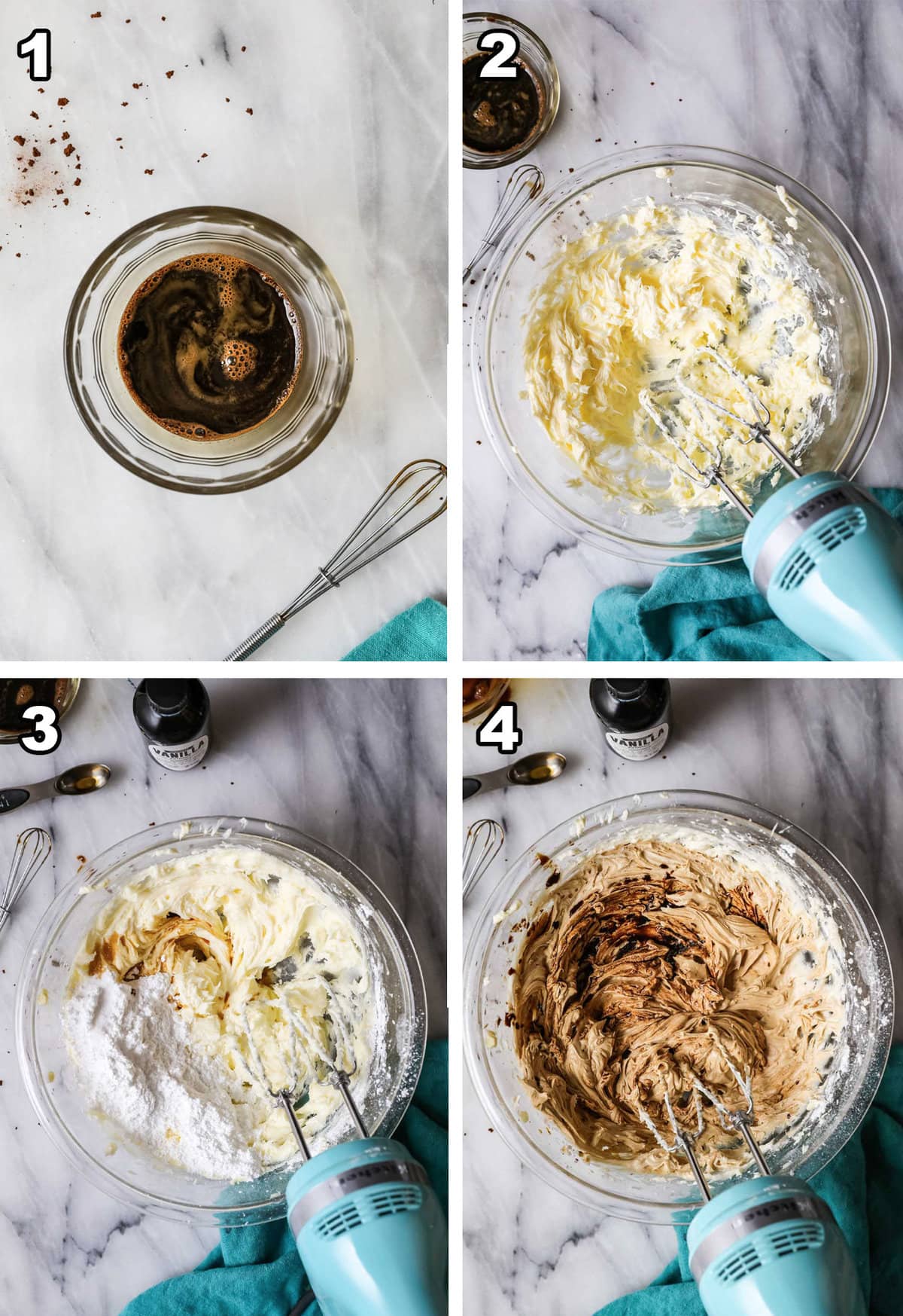 Collage of process of coffee frosting being made