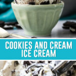 collage of cookies and cream ice cream, top image of ice cream served in green bowl, bottom image close up of ice cream