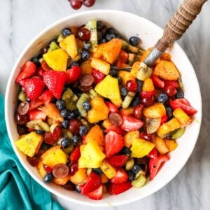 Overhead view of a bowl of fruit salad.