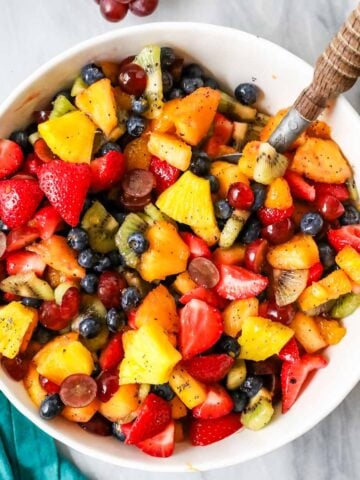 Overhead view of a bowl of fruit salad.