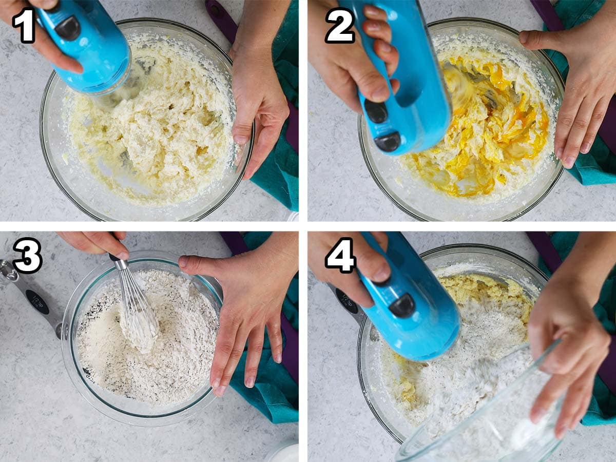 Collage of four photos showing lemon cookie dough being prepared with a hand mixer.