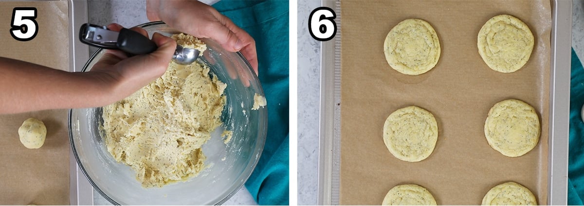 Two photos showing cookie dough being scooped and baked.