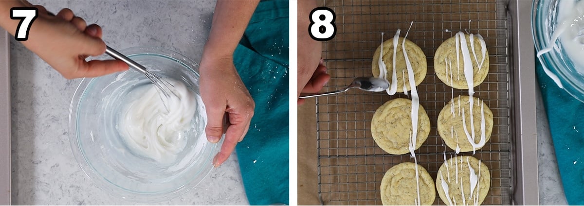 Two photos showing glaze being prepared and drizzled over cookies.