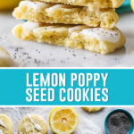 collage of lemon poppy seed cookies, top image of cookies stacked, bottom image of cookies photographed from above