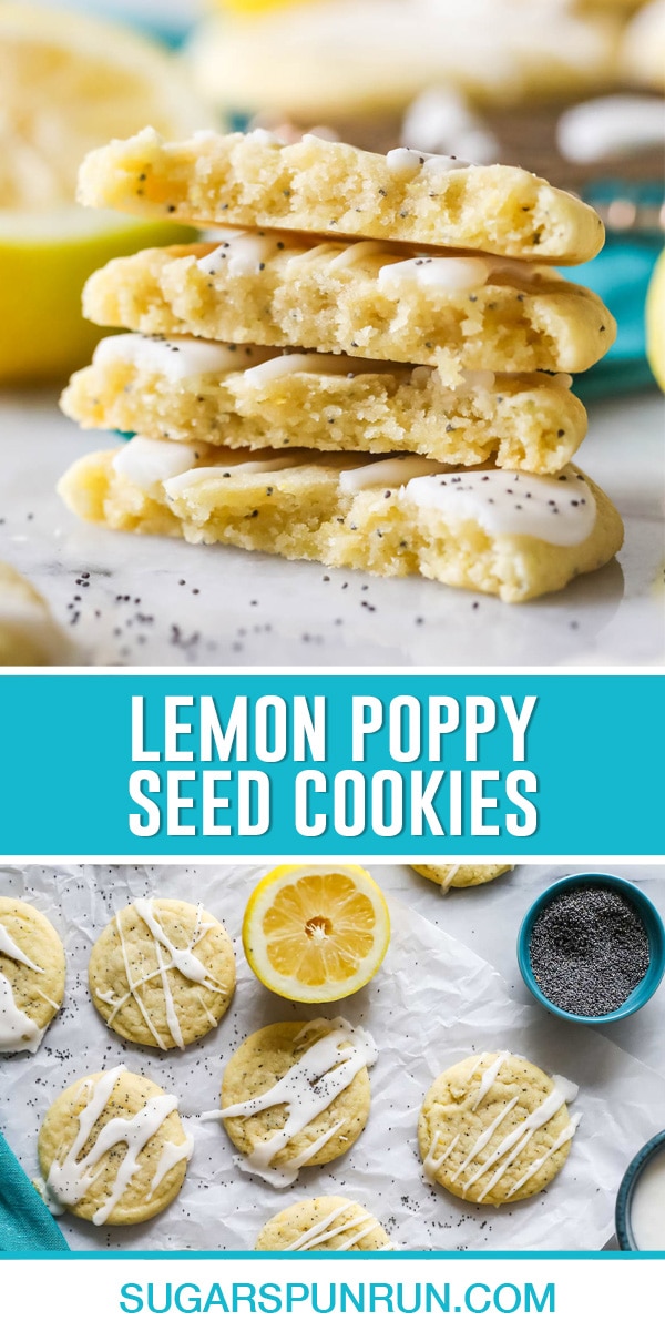 collage of lemon poppy seed cookies, top image of cookies stacked, bottom image of cookies photographed from above