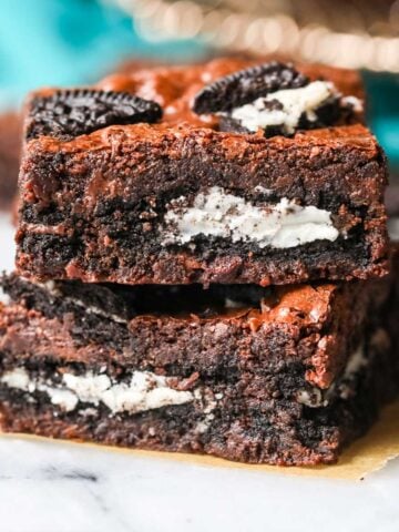 Two Oreo Brownies stacked on top of each other.