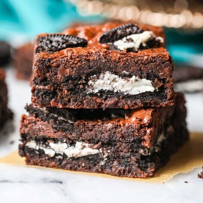 Two Oreo Brownies stacked on top of each other.