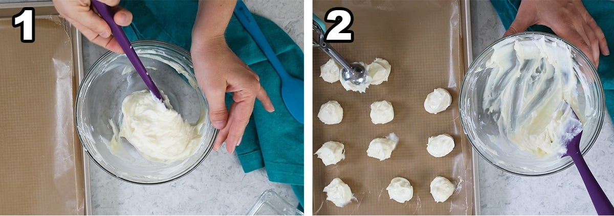 Two photos showing a cheesecake filling being prepared and dolloped onto a parchment lined tray.