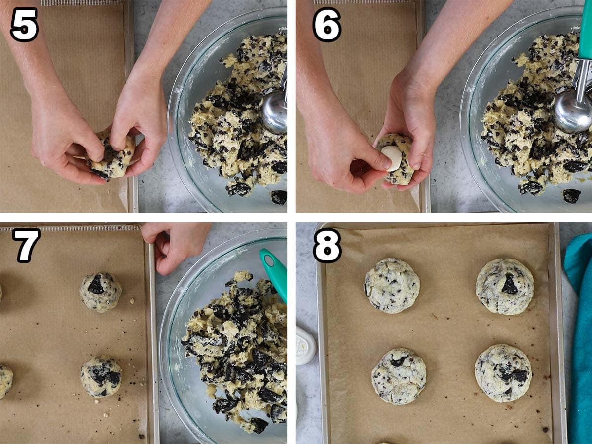 Four photos showing Oreo cookie dough being stuffed with frozen cheesecake filling and baked.