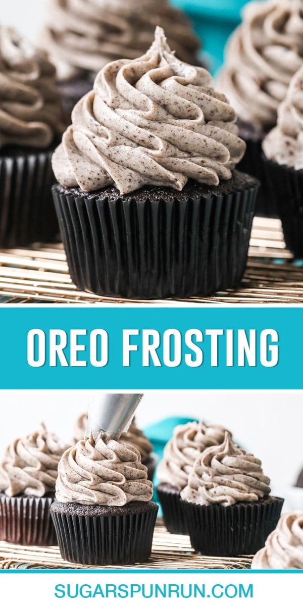 Collage of oreo frosting, top image is close up of frosted chocolate cupcake with oreo frosting, bottom image of multiple cupcakes with focus on one with frosting being piped onto it