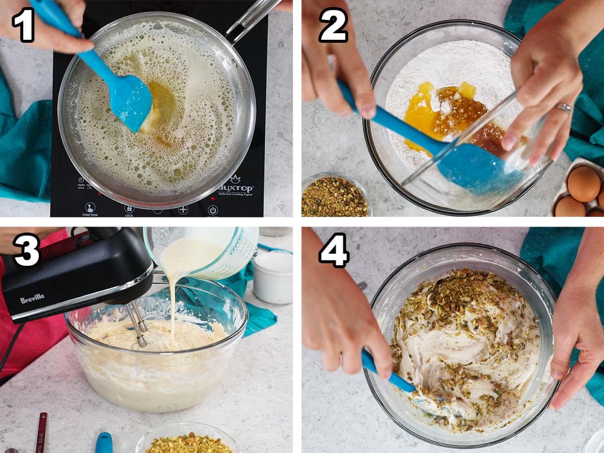 Four photos showing cake batter being prepared with brown butter and salted pistachios.